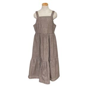 CARLEEN Overall Dress Brown Denim Sleeveless Tiered Midi Size Large Made in USA